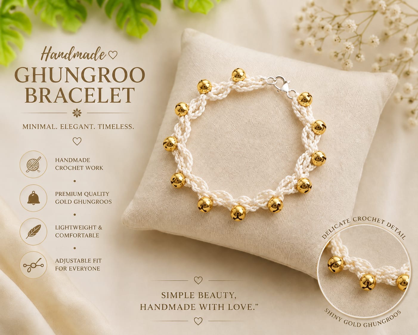 White and cream crochet bracelet with golden ghungroo bells