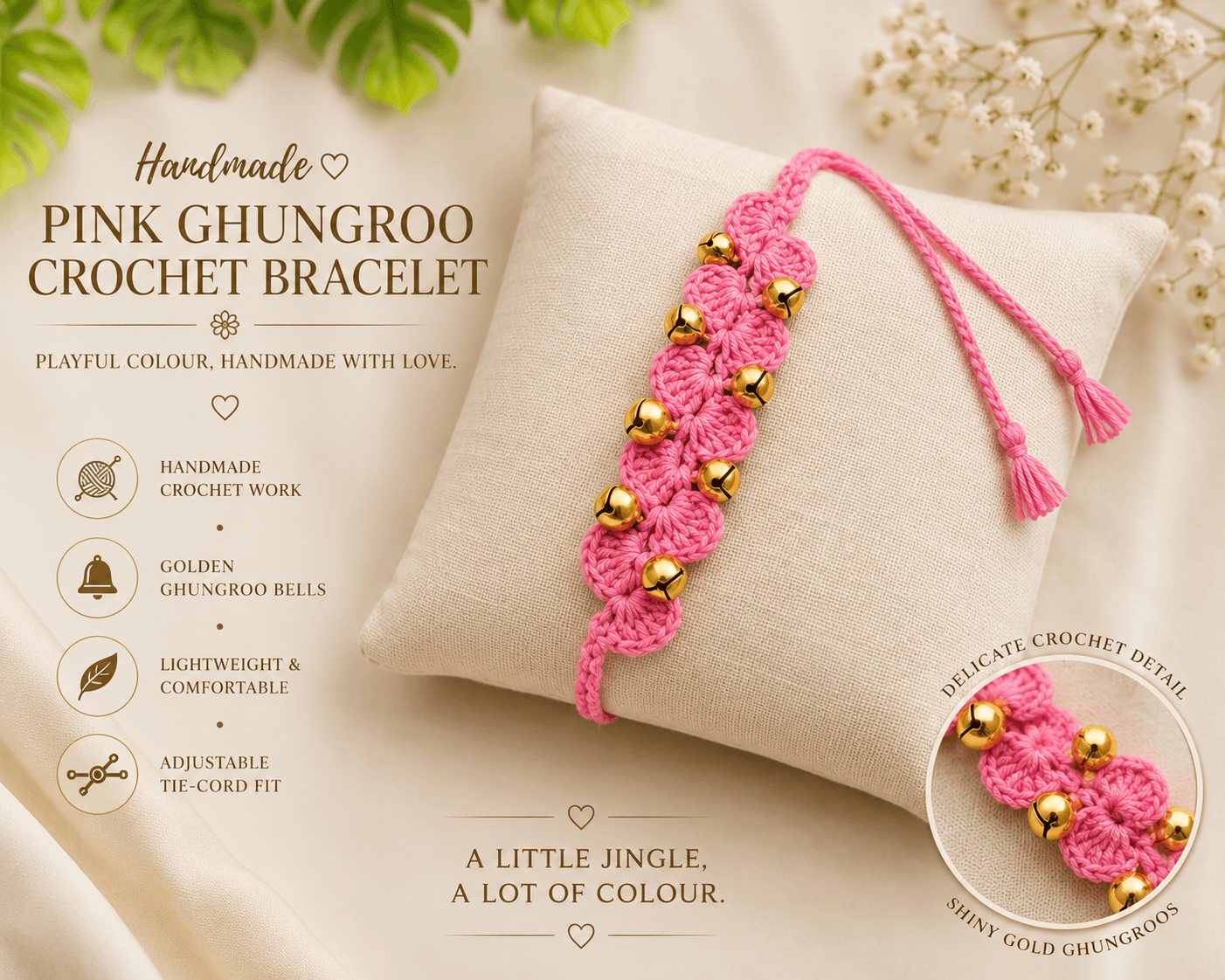 Pink crochet bracelet with golden ghungroo bells