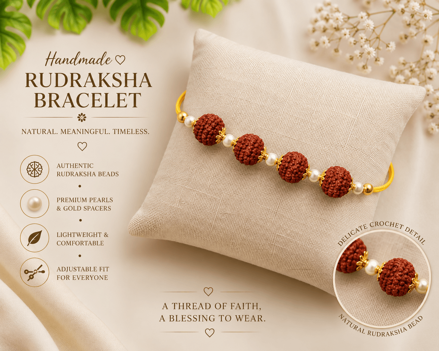 Rudraksha bead bracelet with pearl and gold-toned detailing