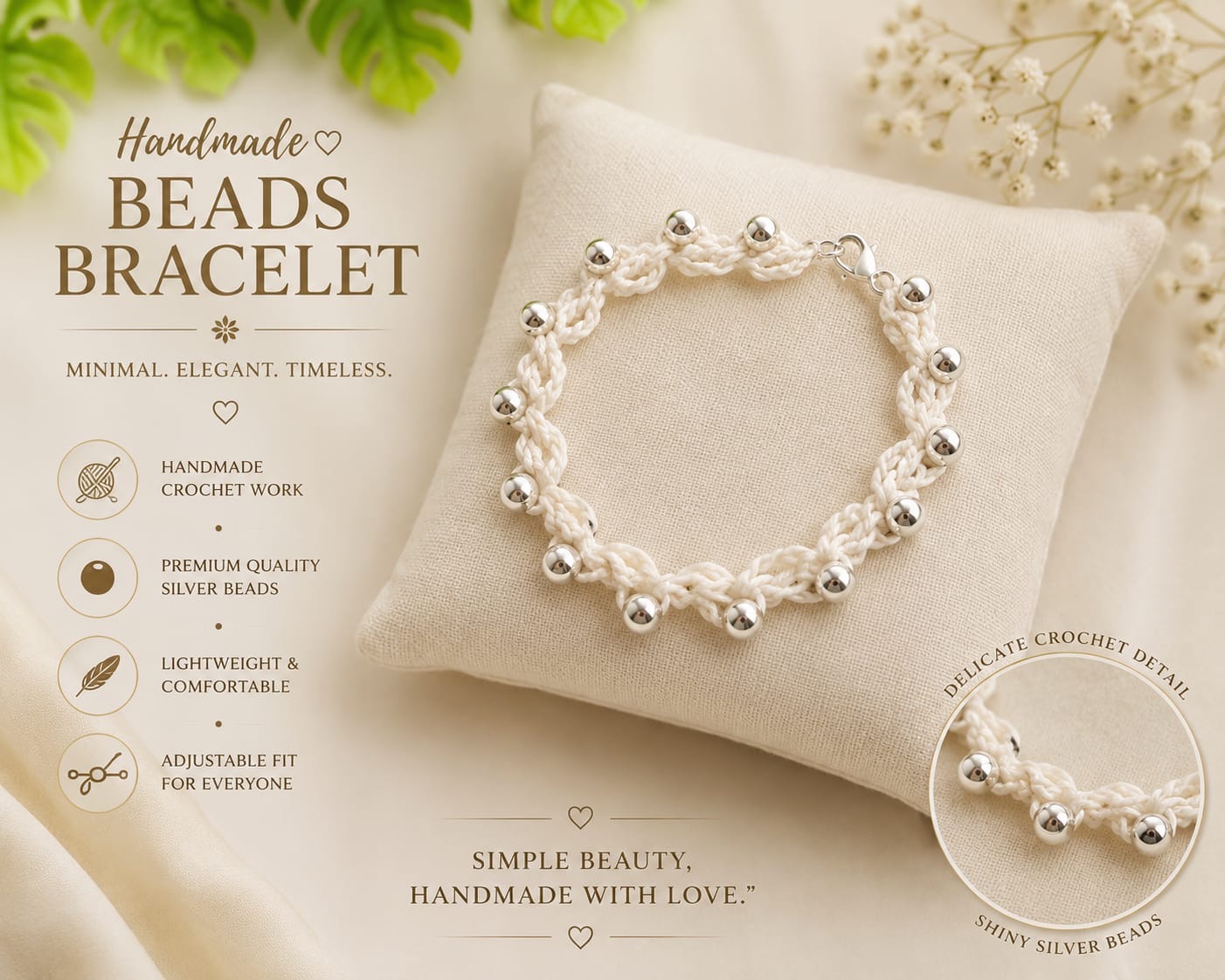 White crochet bracelet with silver beads