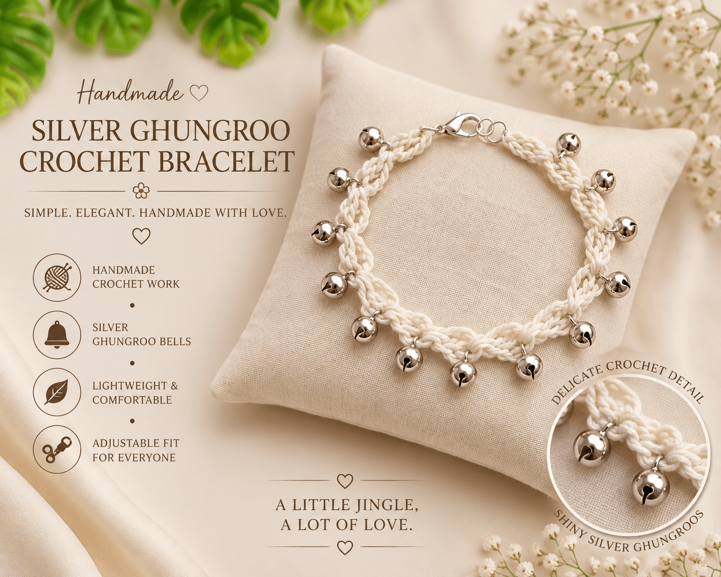 Silver crochet bracelet with silver-toned ghungroo bells